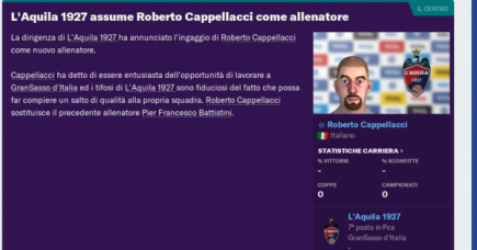 Football Manager 2019, ufficiale Cappellacci sulla panchina rossoblù